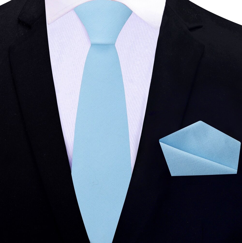 Light Blue Linen Thin Tie and Pocket Square||Light Blue