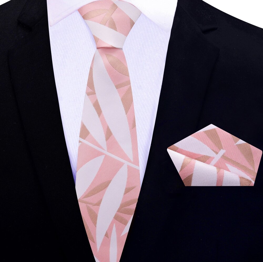 Thin Tie: Deion “PRIME TIME” Sanders Light Pink, Salmon, Light Brown Sketched Leaves Tie and Pocket Square