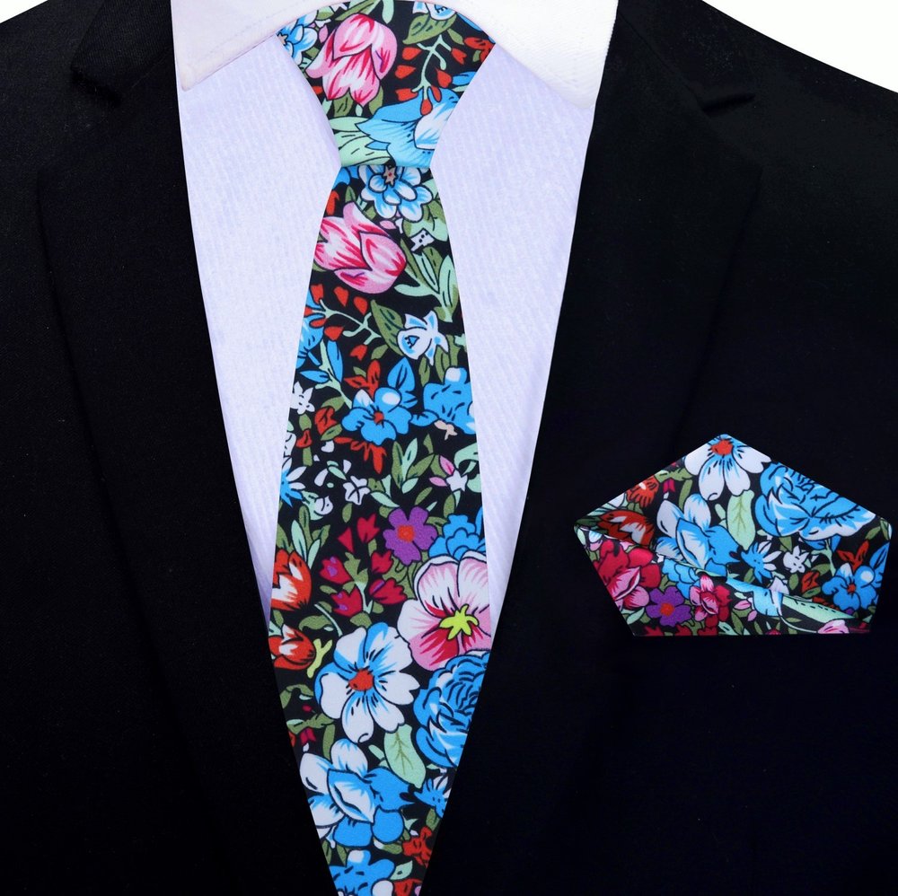 Thin Tie: Multi Colored Impressionist Flowers Tie and Square