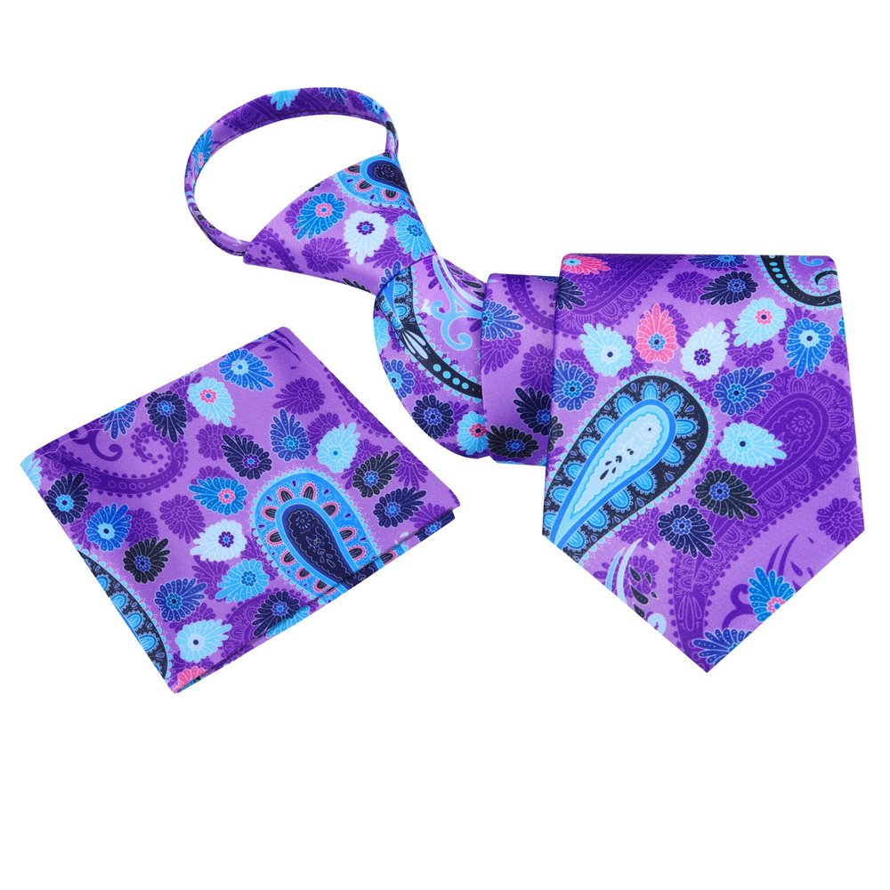 Zipper View: A Purple, Light Blue, Black, Blue, Pink Color Abstract Paisley Silk Tie, Pocket Square||Purple, Light Blue, Pink, Black, Blue