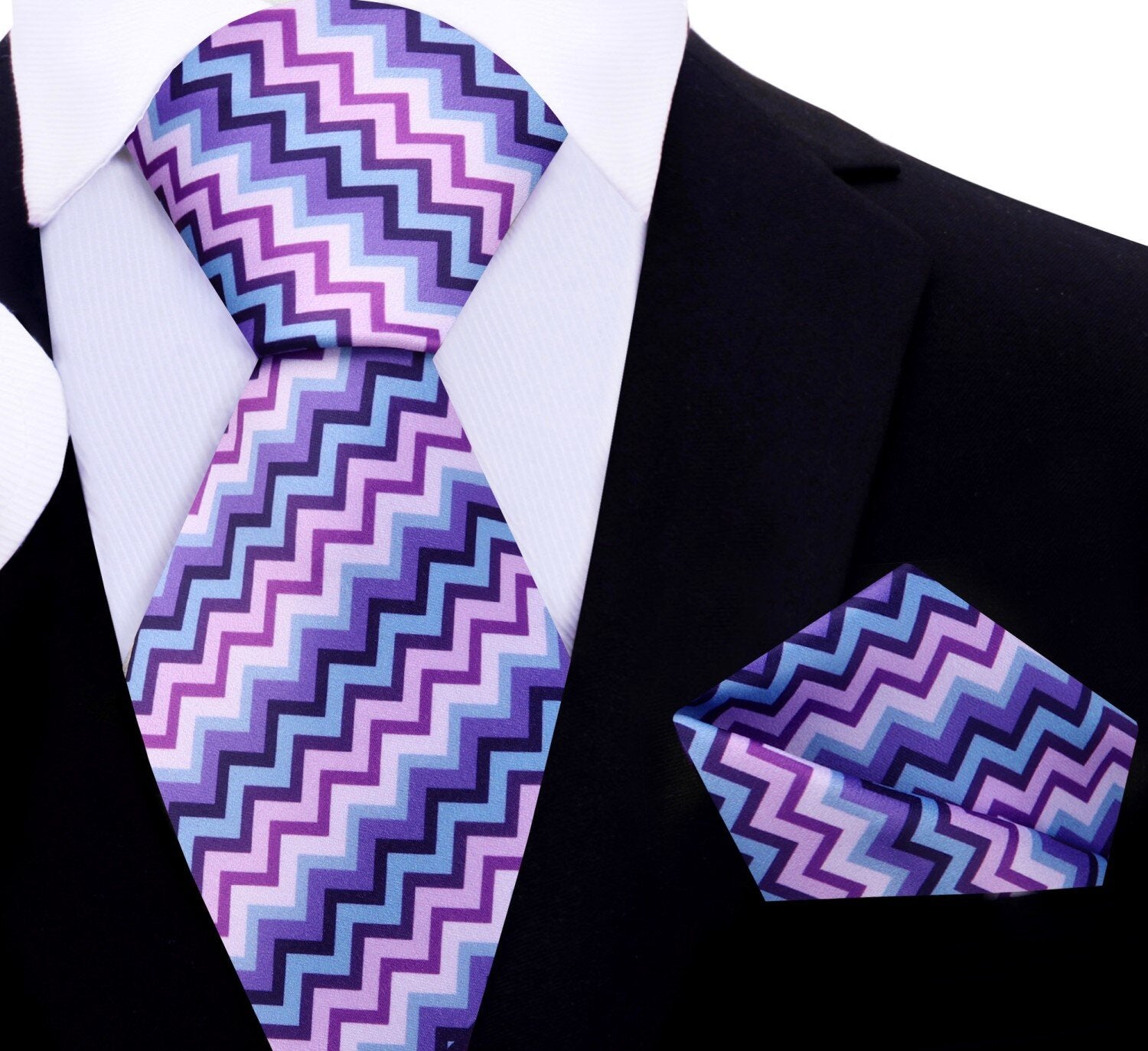 Main View: Coach PRIME Deion Sanders Purple, Pink, Blue Jagged Lines Tie and Pocket Square