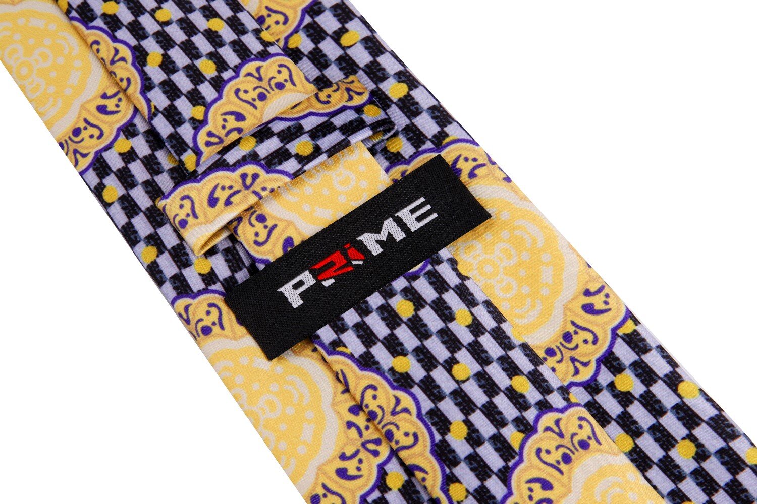 A Yellow Medallion, Purple, Black, Light Grey Color Abstract Pattern Silk Necktie Keep