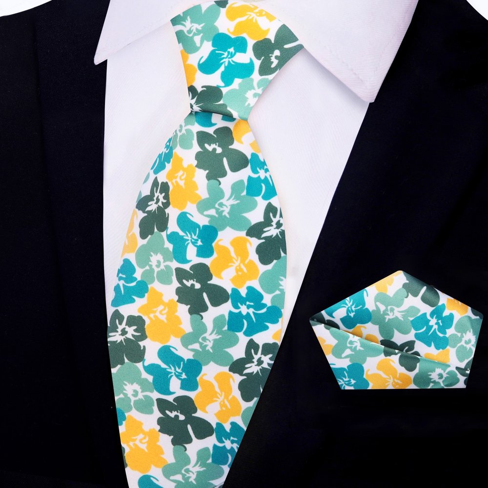 Rich Teal Hibiscus Flowers Tie and Square||Rich Teal