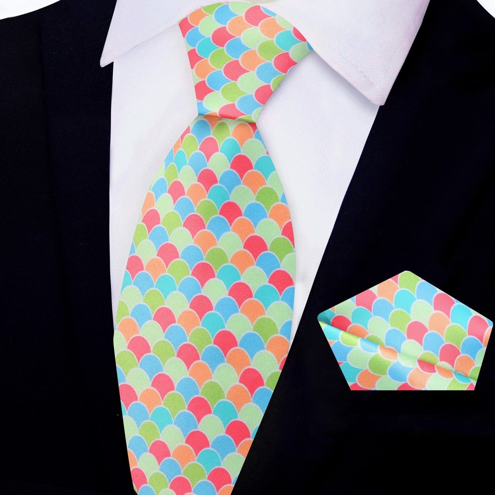 Green, Orange, Blue, Red Easter Eggs Tie and Pocket Square