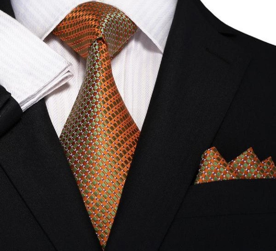 Copper Orange and Green Metallic Perfection Tie and Pocket Square