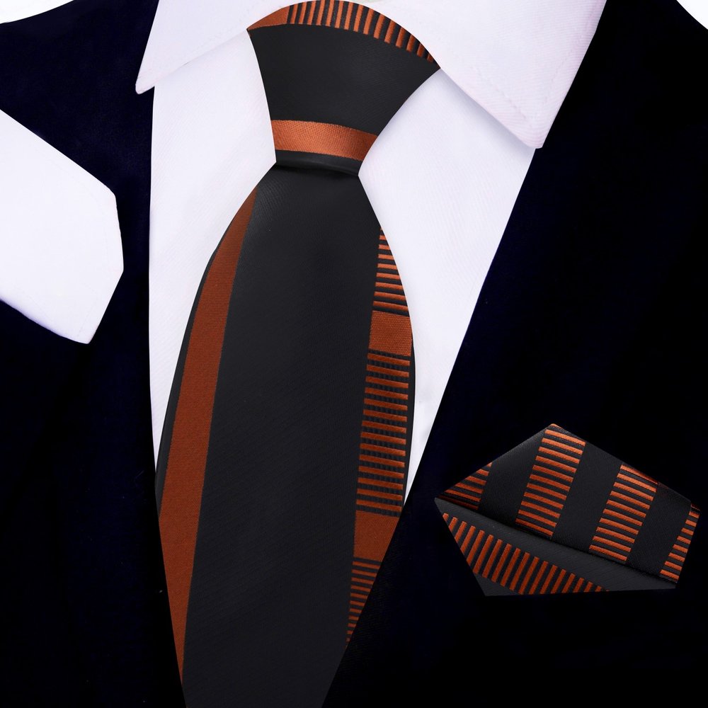 Black, Copper Brown Lines  Tie and Pocket Square||Copper Brown