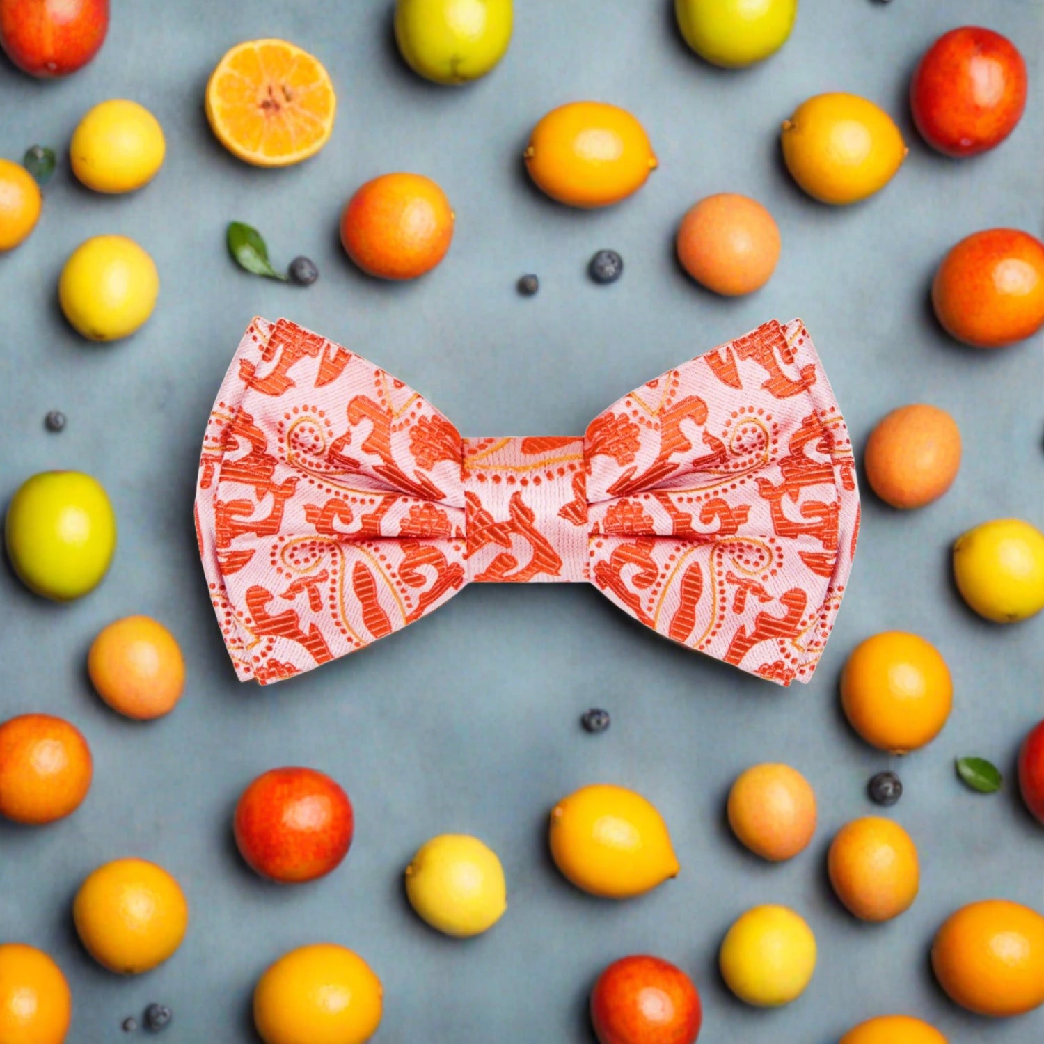 A Coral, Orange Paisley Pattern Silk Bow Tie 
