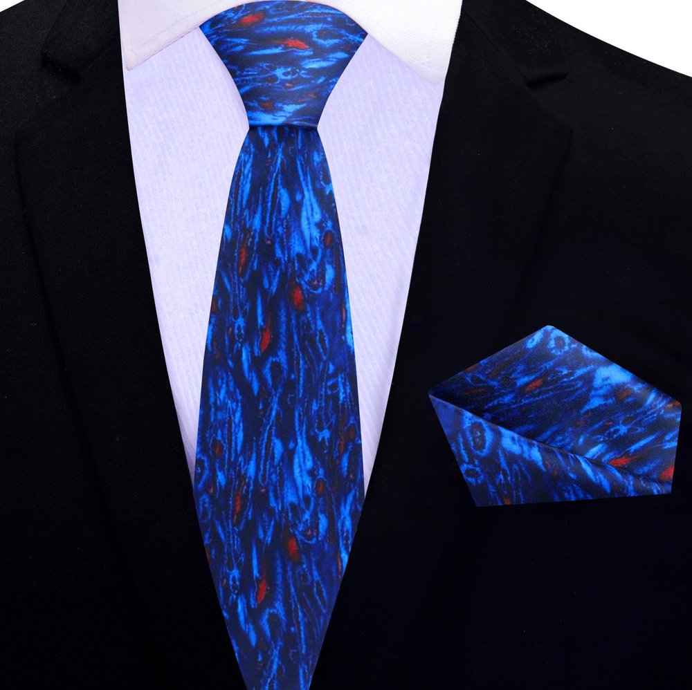 Thin Tie; Blue, Red Abstract Tie and Pocket Square||Blue, Red