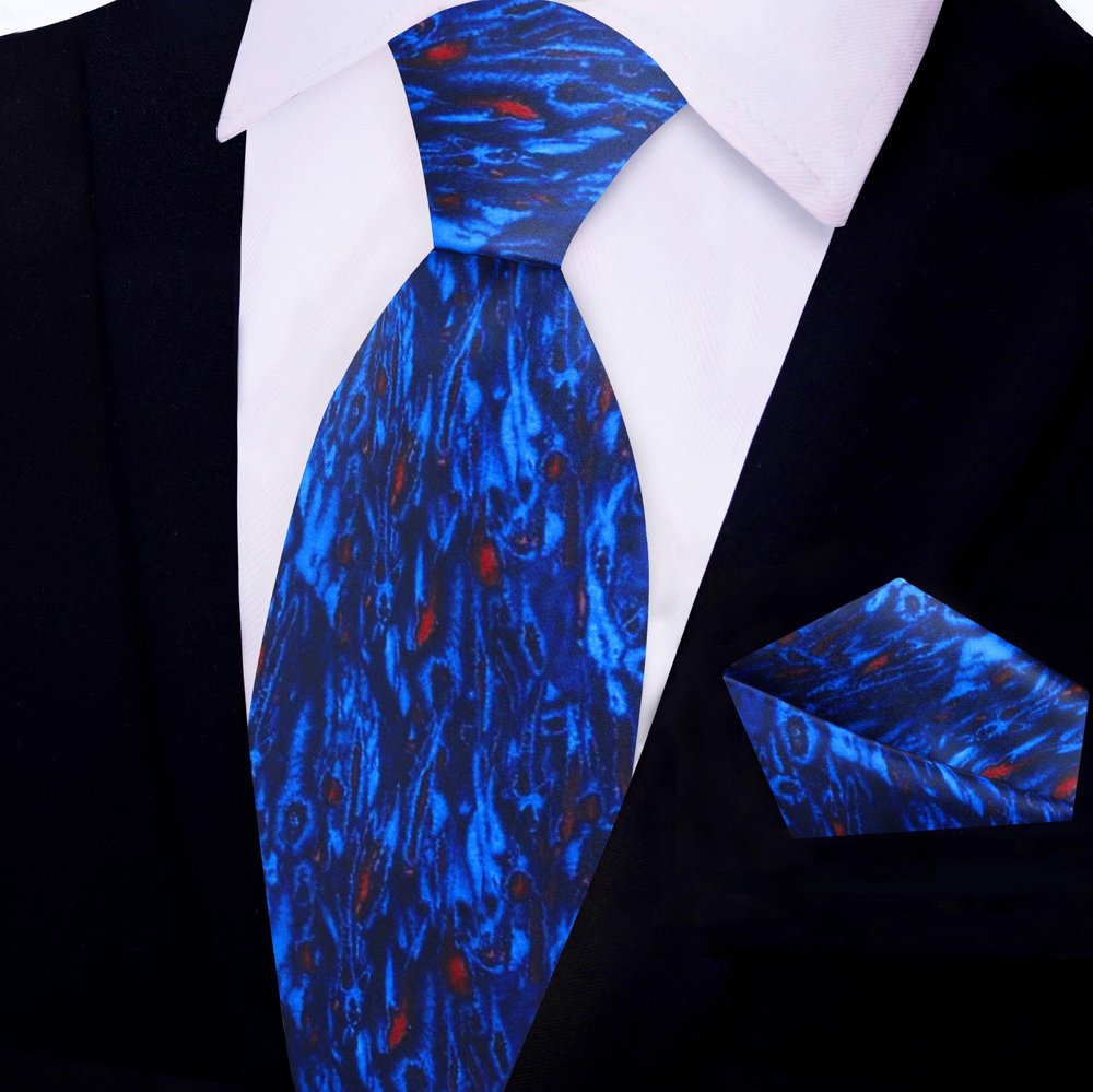 Blue, Red Abstract Tie and Pocket Square||Blue, Red