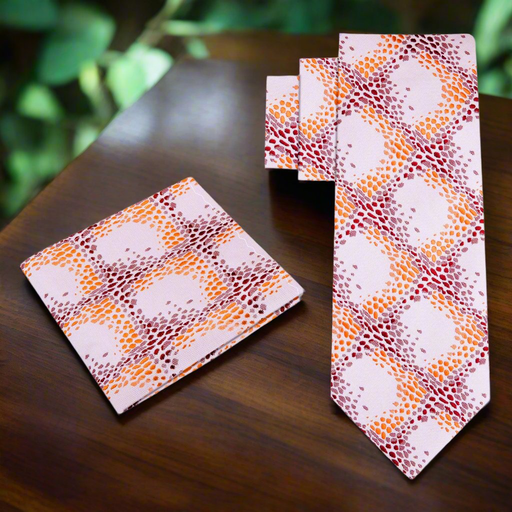 Alt View: A Tan, Caramel, Brown Geometric Diamonds Pattern Silk Necktie, Matching Pocket Square