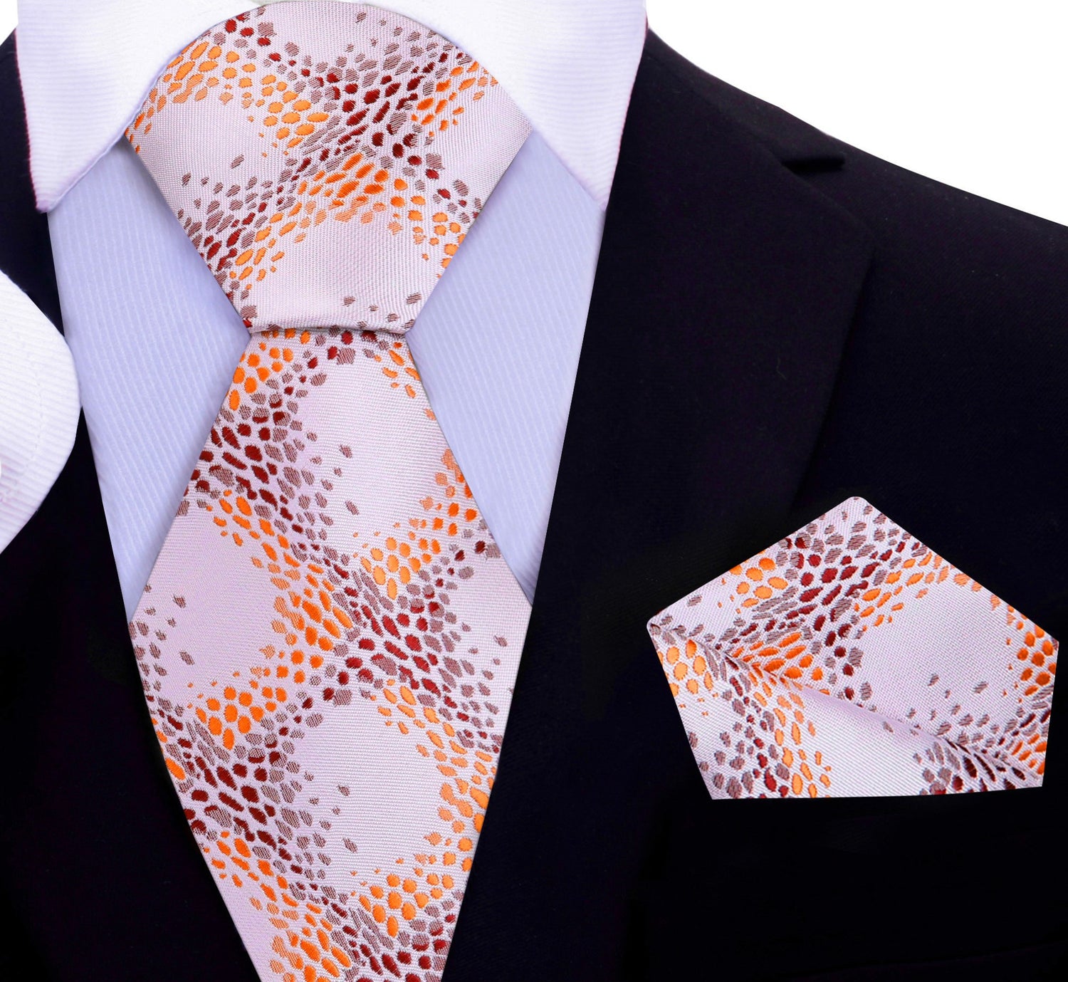 Main View: A Tan, Caramel, Brown Geometric Diamonds Pattern Silk Necktie, Matching Pocket Square