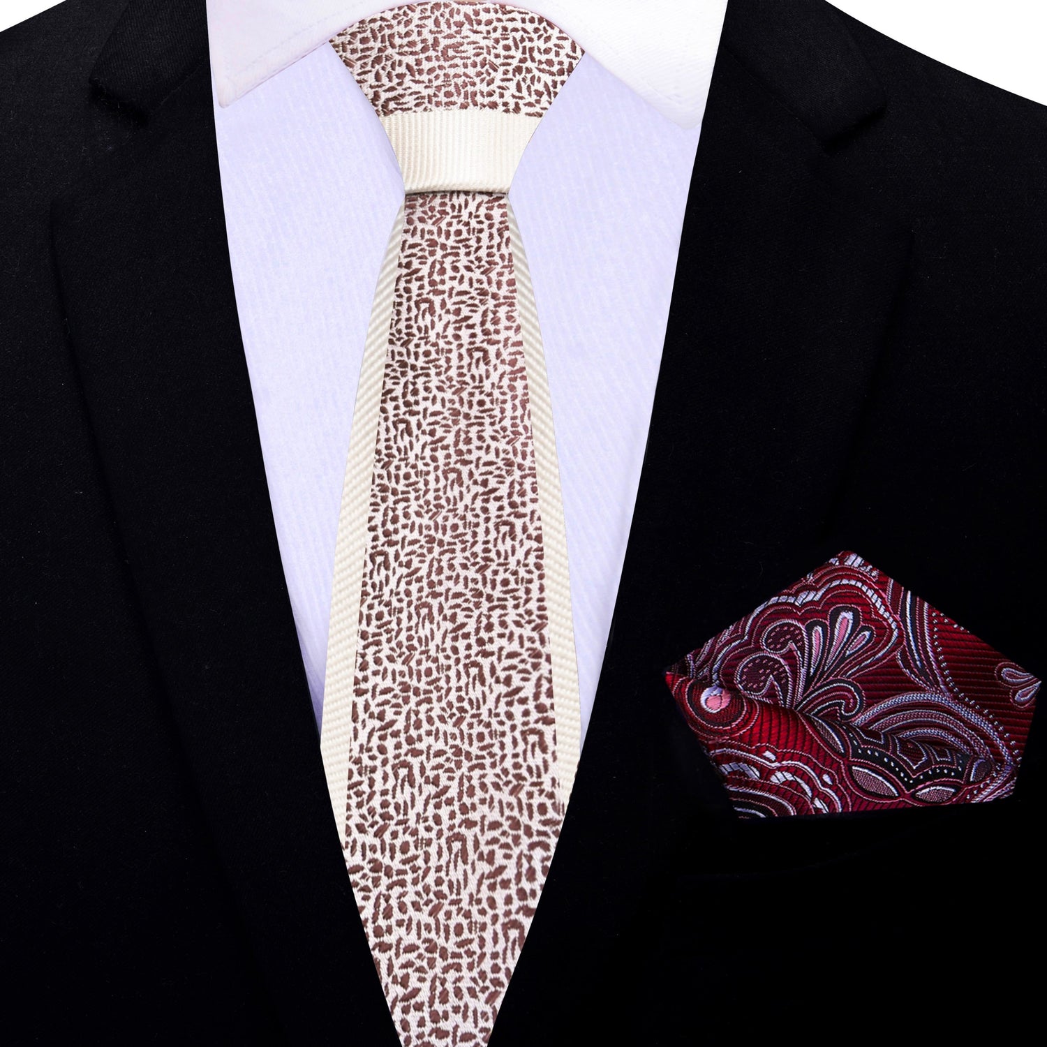 Cream and Brown Abstract Thin Tie and Accenting Square