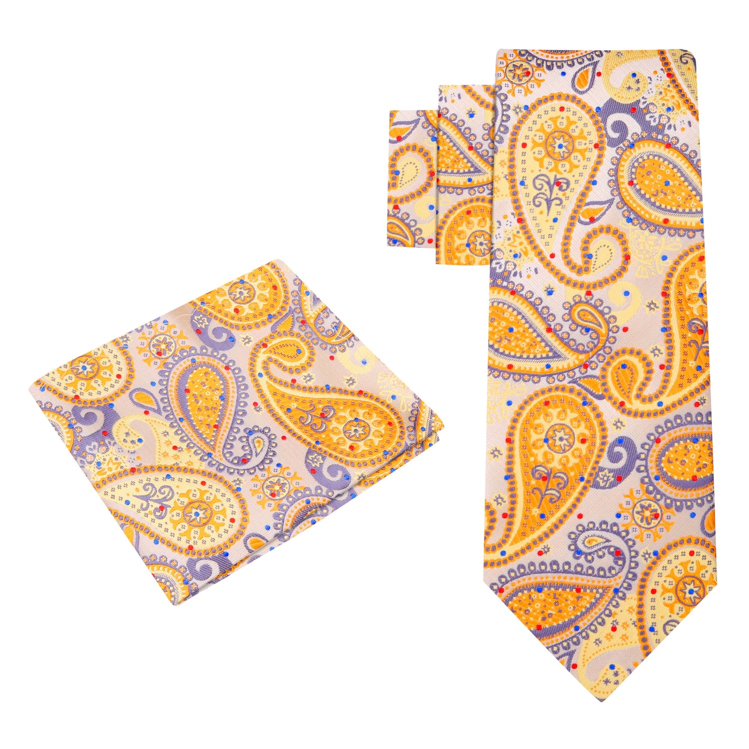 Alt View: A Cream, Yellow, Red, Blue Paisley Pattern Silk Necktie, Matching Pocket Square