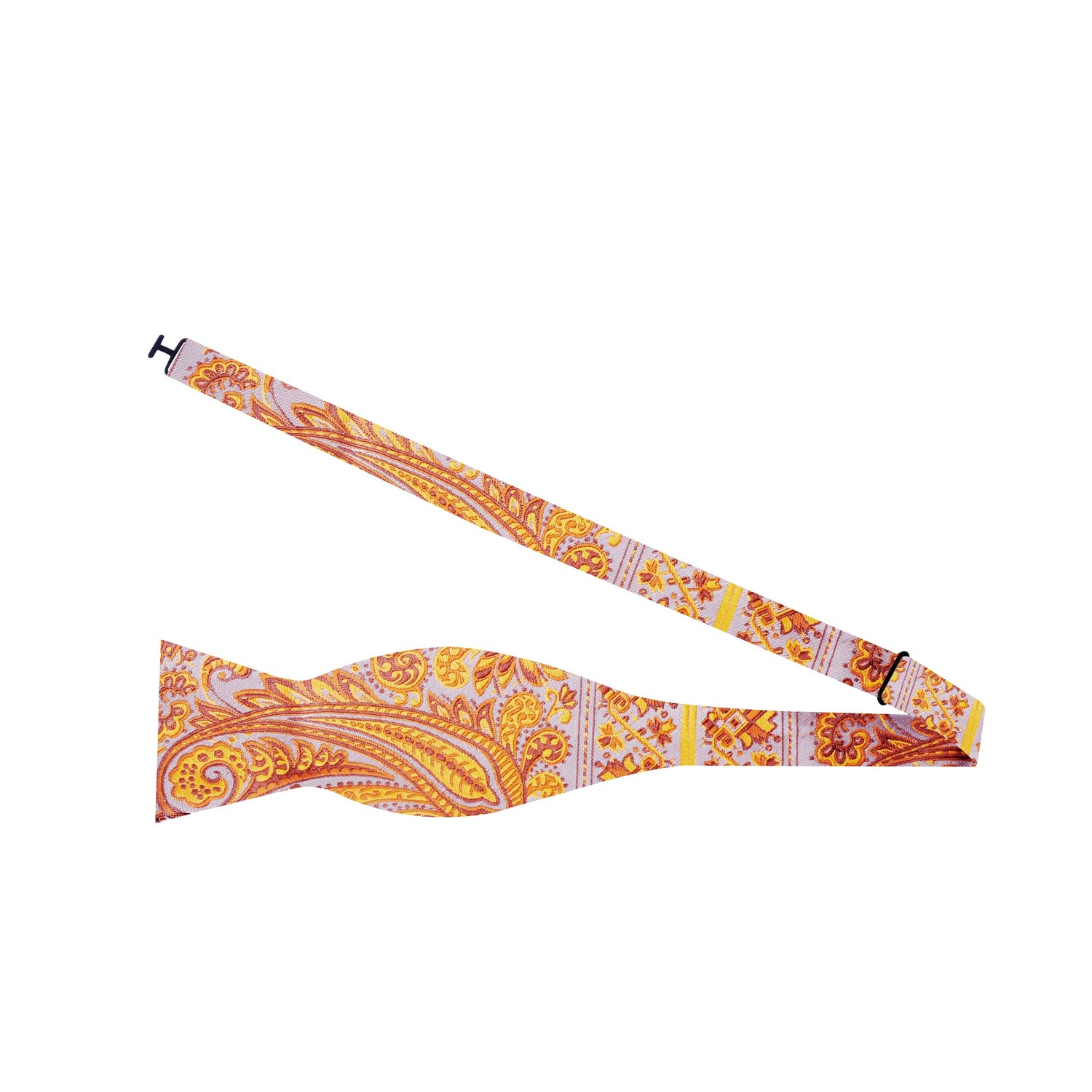 A Orange, Cream Paisley Pattern Silk Self Tie Bow Tie Untied