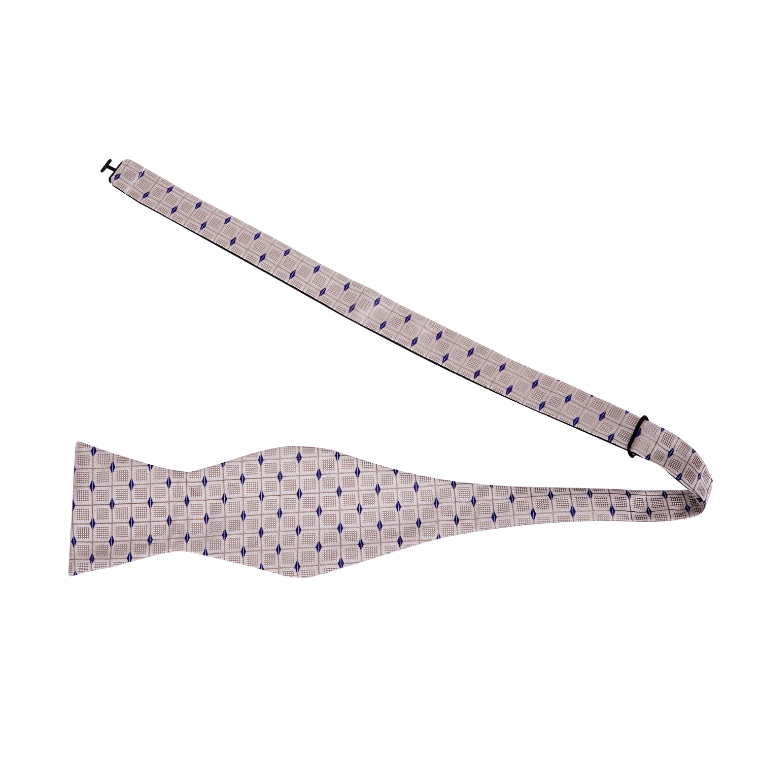 View 2: Cream Blue Geometric Check Pattern Silk Self Tie Bow Tie