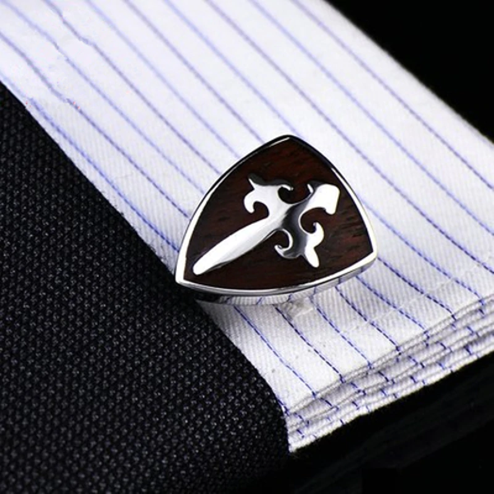 View 2: A Mahogany and Chrome Colored With Shield Shape and Cross Pattern Cuff-links