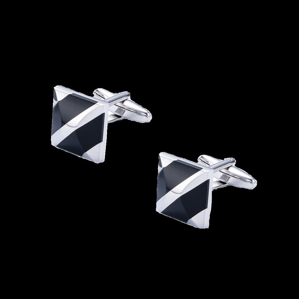 A Chrome, Black Square with Lines Design Cuff-links