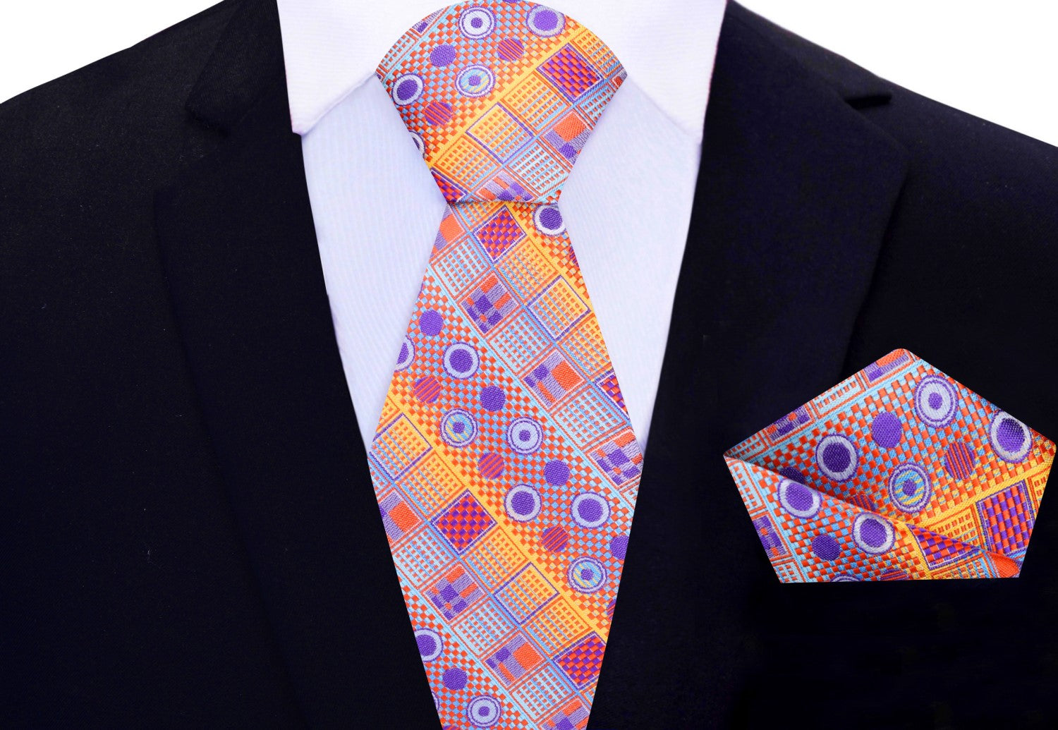 View 3: Orange, Purple Circles and Squares Tie and Pocket Square