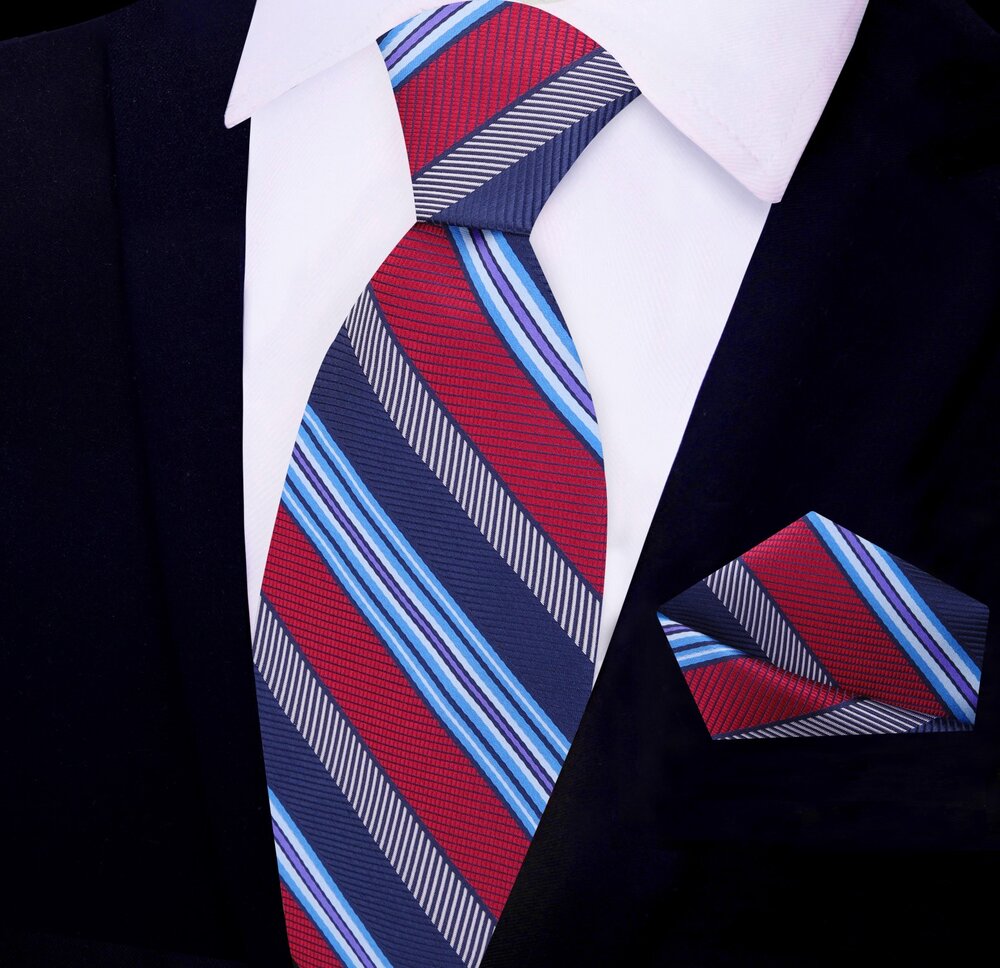 Blue, Light Blue, Red Stripe Tie and Pocket Square