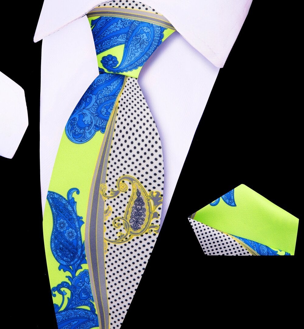 Lime Green, Blue and Off-white abstract paisley tie and square