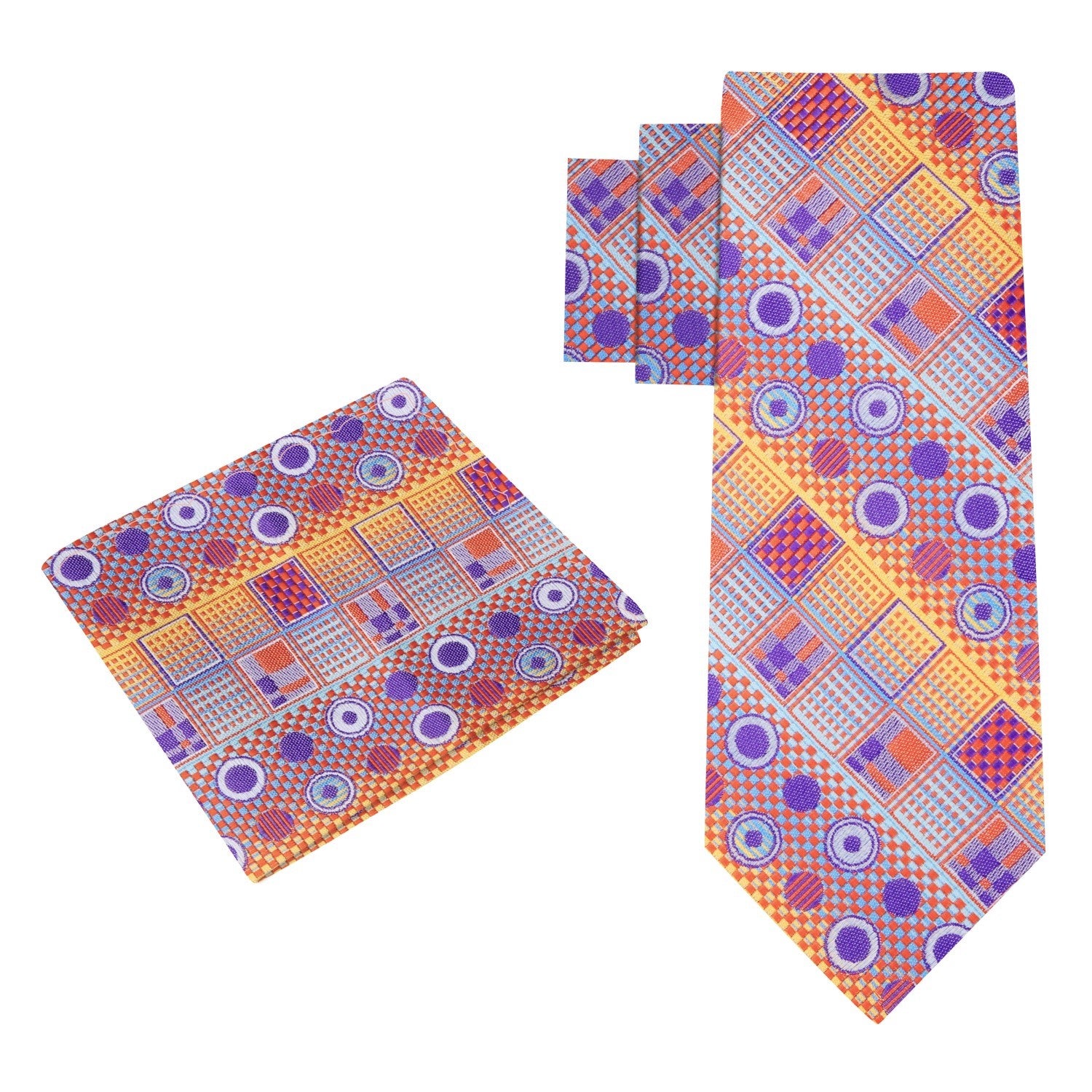 Alt View: Orange, Purple Circles and Squares Tie and Pocket Square