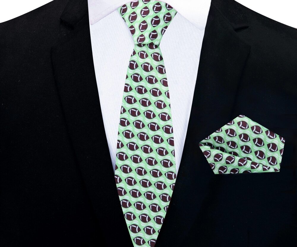 Green Brown Football Thin Tie and Pocket Square||Green