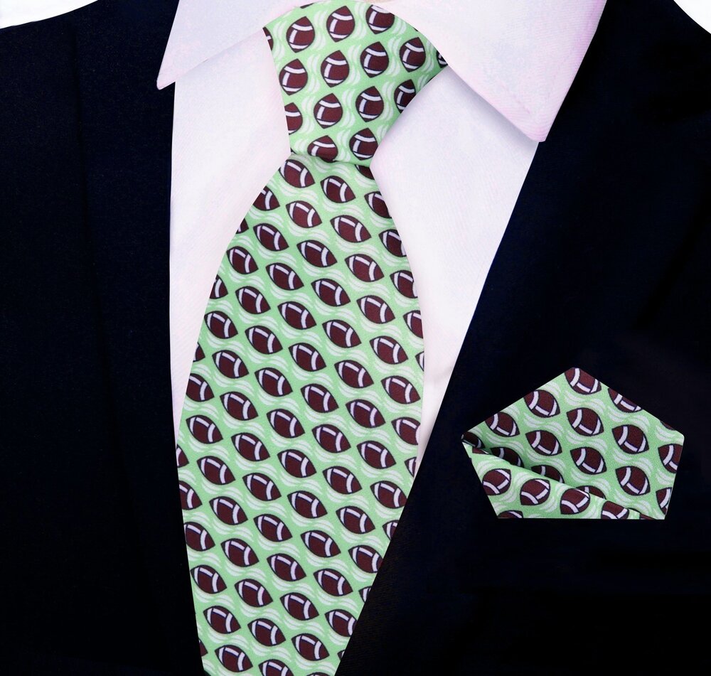 Green Brown Football Tie and Pocket Square||Green