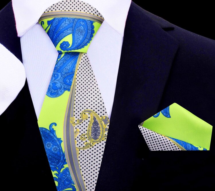 Main View; Lime Green, Blue and Off-white abstract paisley tie and square