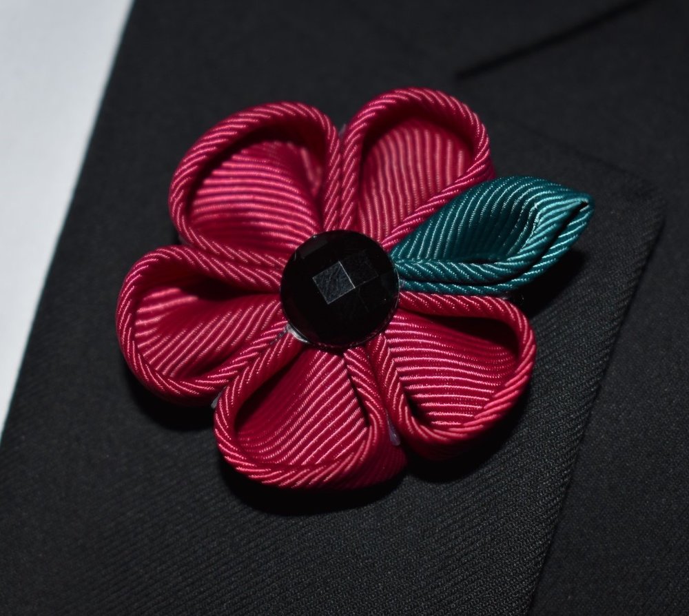 A Wine, Green Colored Thick Petal Lapel Flower||Wine Red, Deep Green