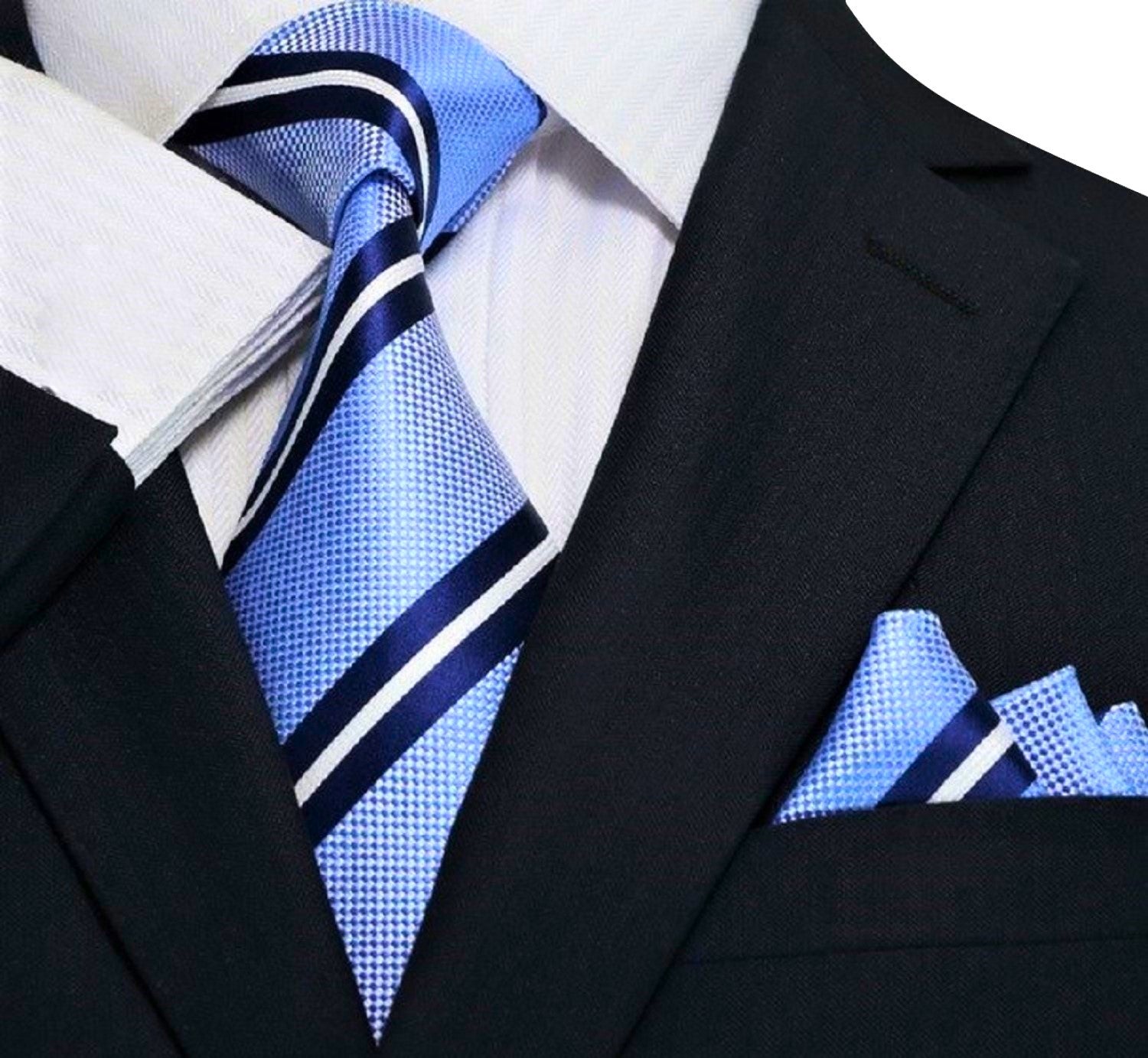 Light Blue, Dark Blue and White Stripe Tie and Pocket Square