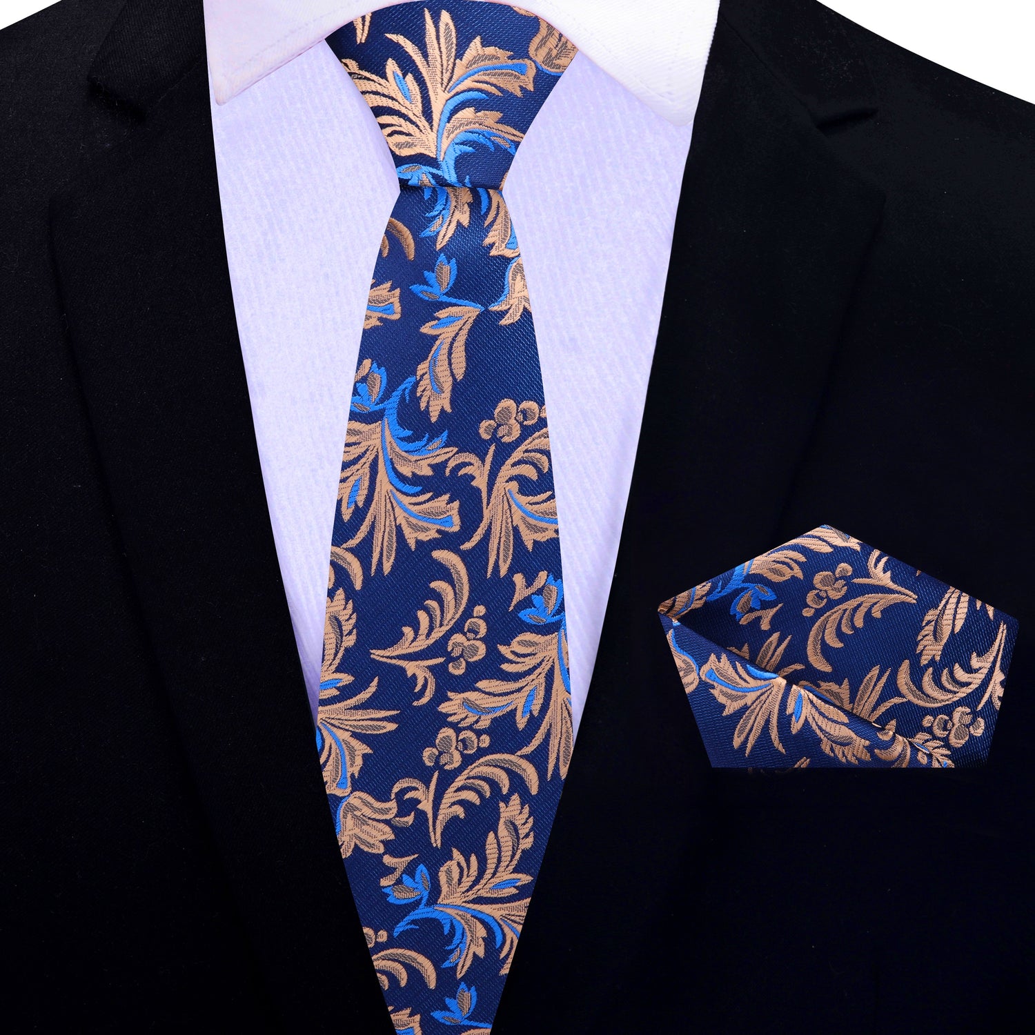 Shades of Blue and Brown Floral Vines Thin Necktie and Pocket Square