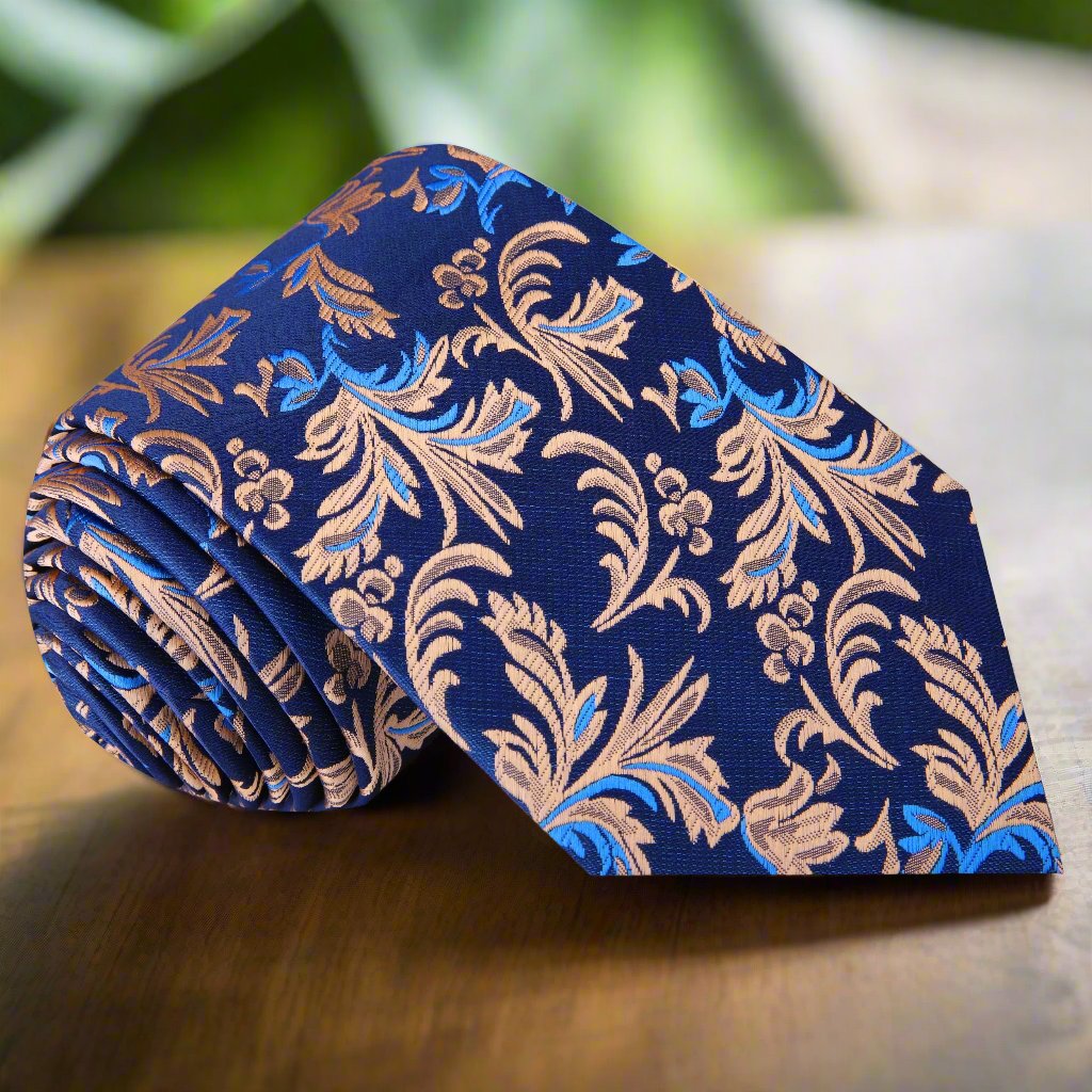 Shades of Blue and Brown Floral Vines Necktie 