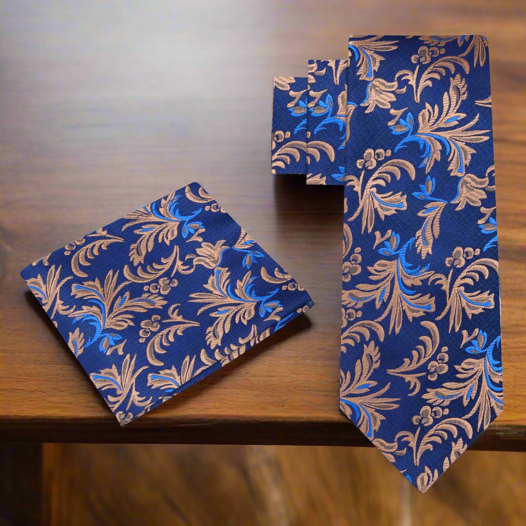 Alt View: Shades of Blue and Brown Floral Vines Necktie and Pocket Square