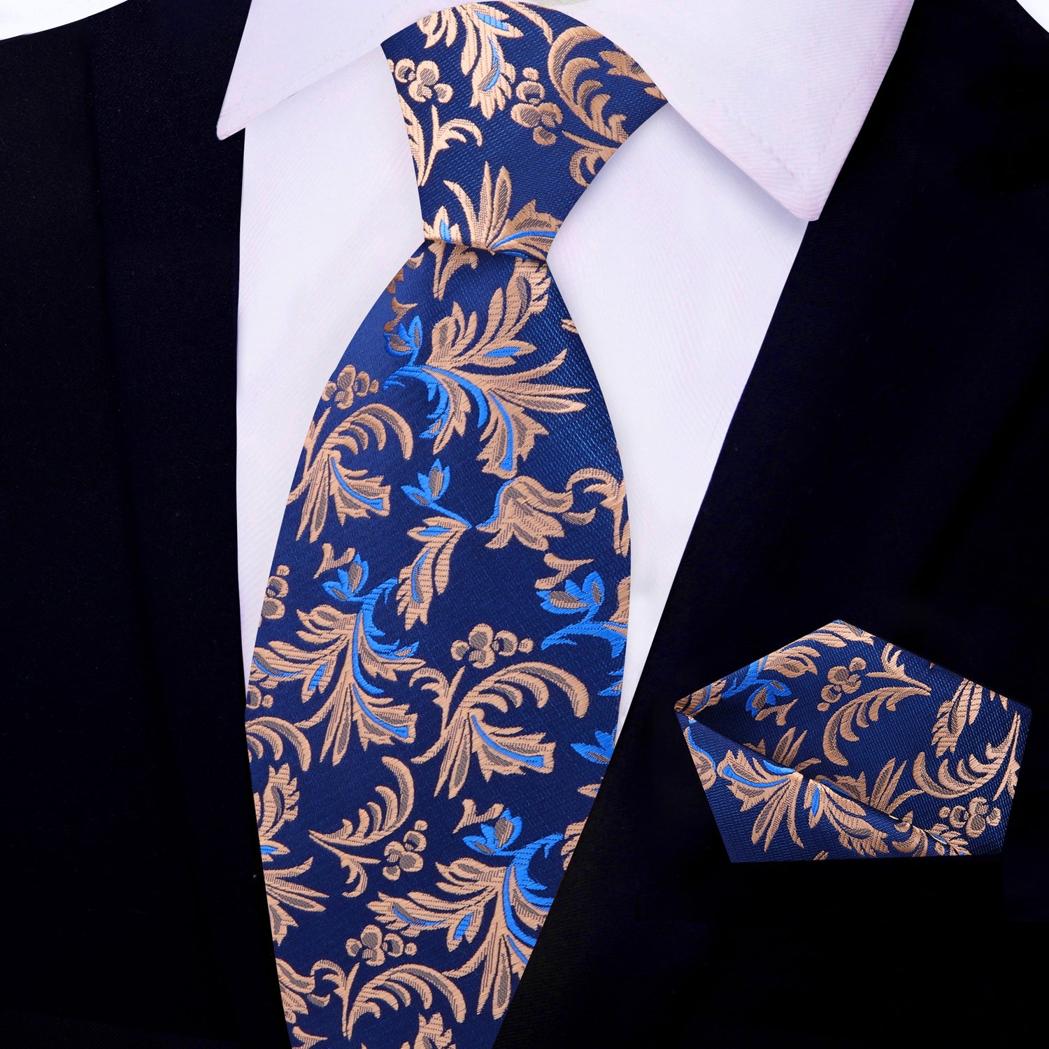 Shades of Blue and Brown Floral Vines Necktie and Pocket Square