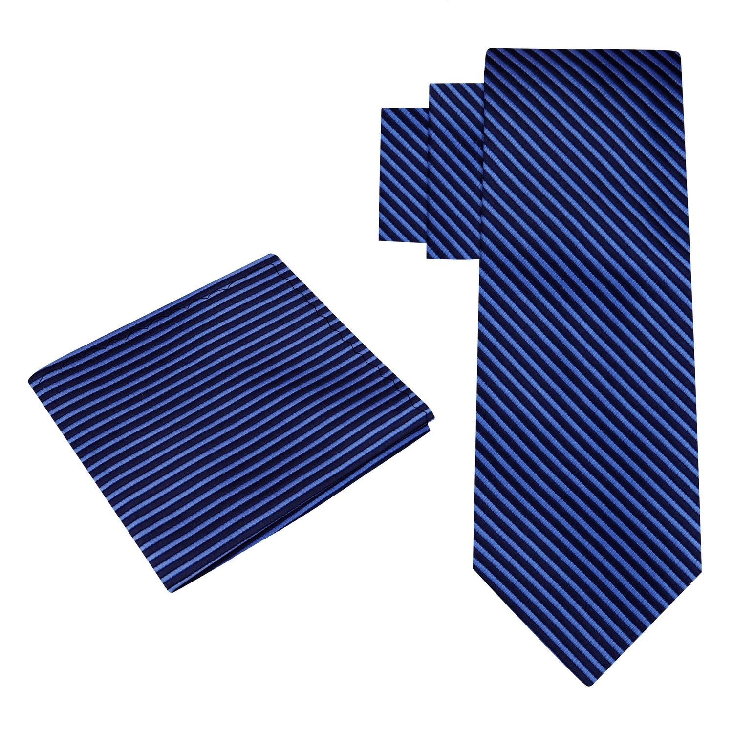 Alt View: A Dark Blue, Blue Pinstripe Pattern Silk Necktie, Matching Pocket Square