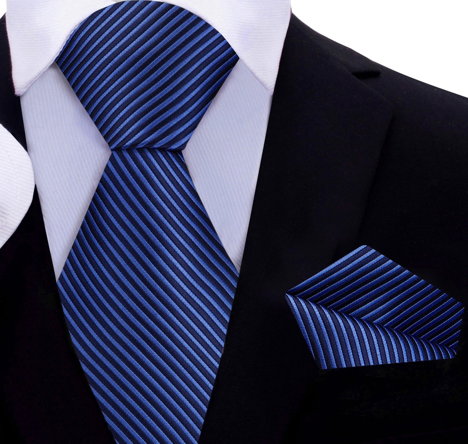 A Dark Blue, Blue Pinstripe Pattern Silk Necktie, Matching Pocket Square