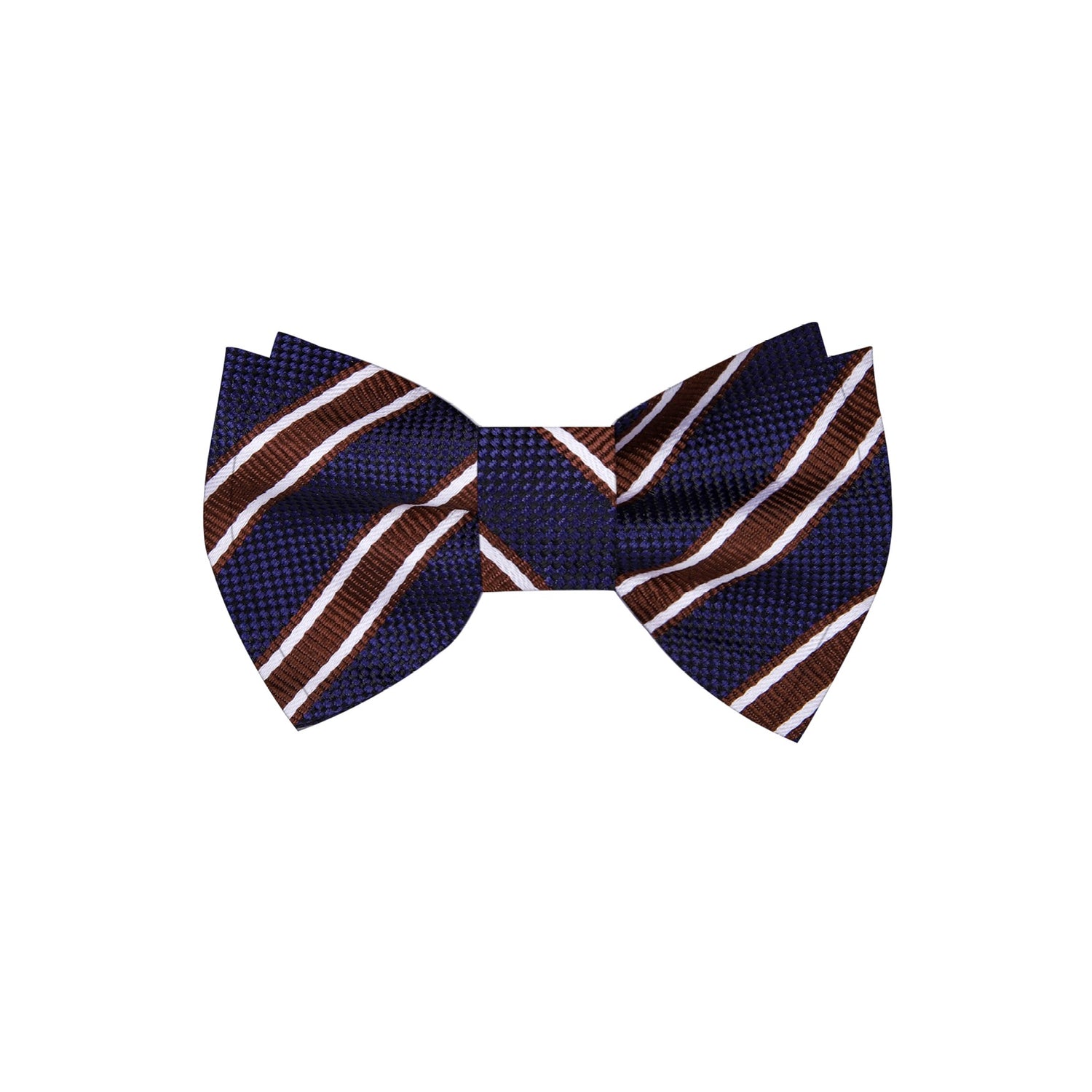 A Dark Blue, Brown, White Stripe Pattern Silk Self Tie Bow Tie 