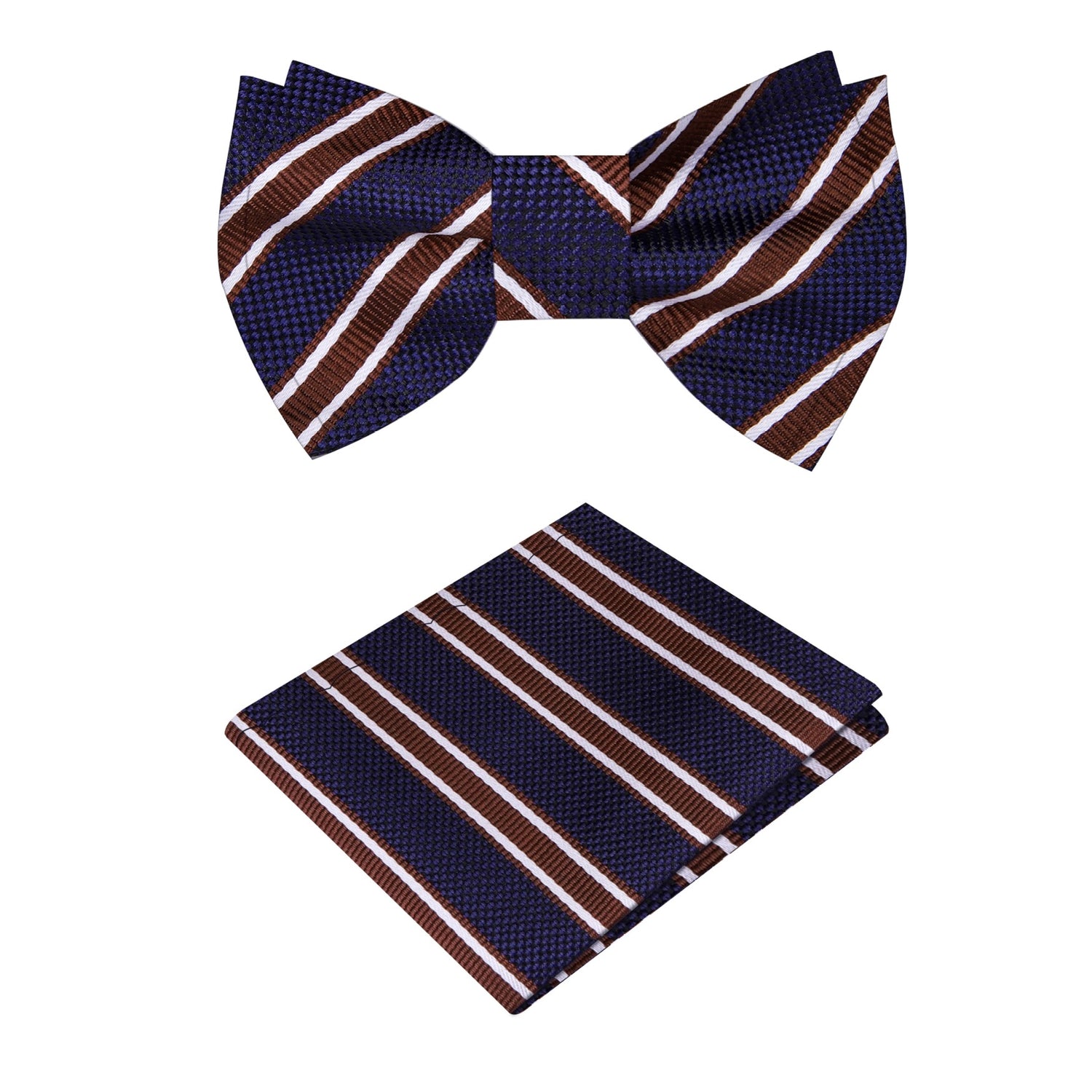 A Dark Blue, Brown, White Stripe Pattern Silk Self Tie Bow Tie, Matching Pocket Square