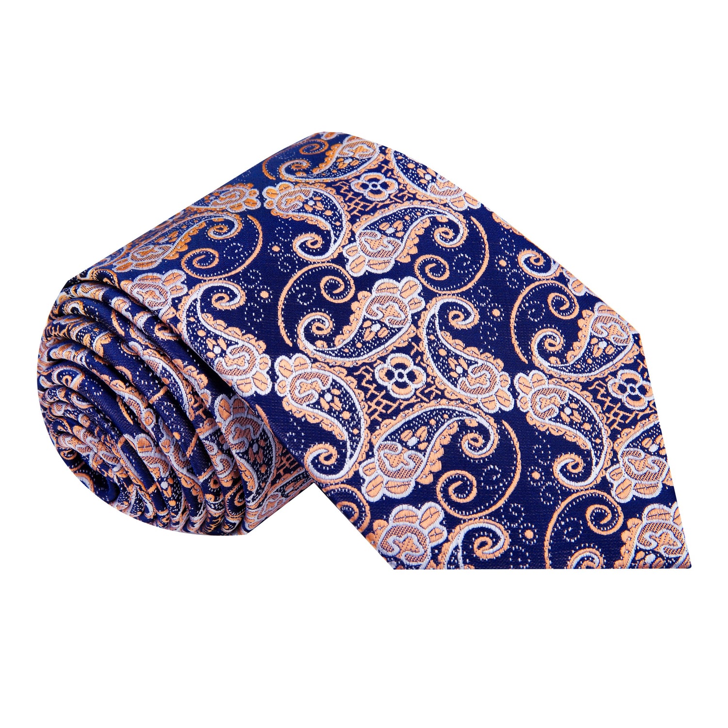 A Deep Blue, Tan Paisley Pattern Silk Necktie 