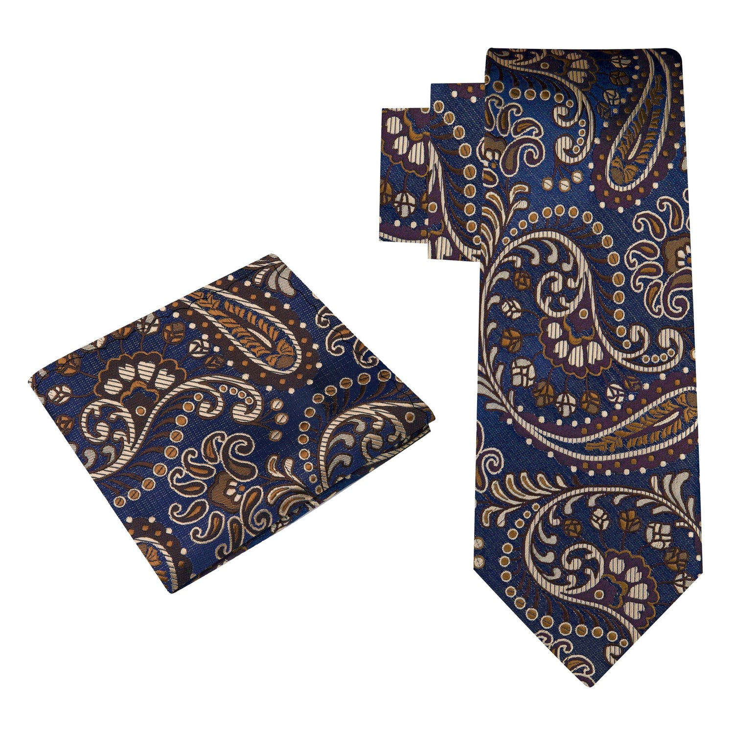 Alt View: A Dark Blue, Brown Paisley Pattern Silk Necktie, Matching Pocket Square