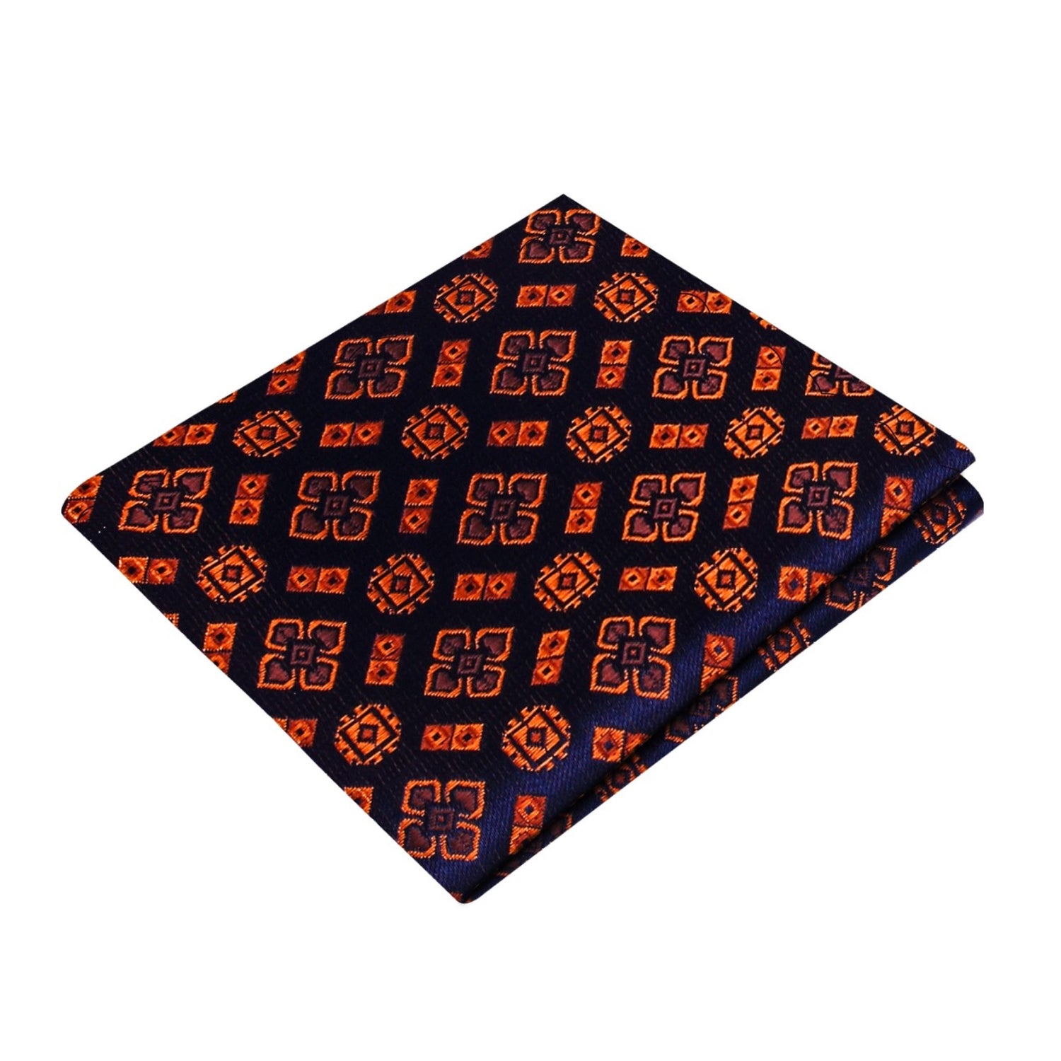 A Dark Blue, Copper Abstract Shapes Pattern Silk Pocket Square