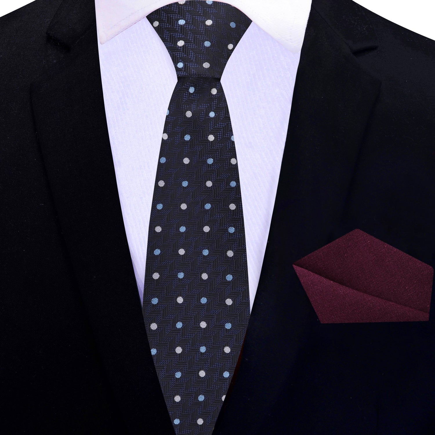 Thin Tie: Deep Blue, Grey, Light Blue Polka with Herringbone Tie and Deep Red Square