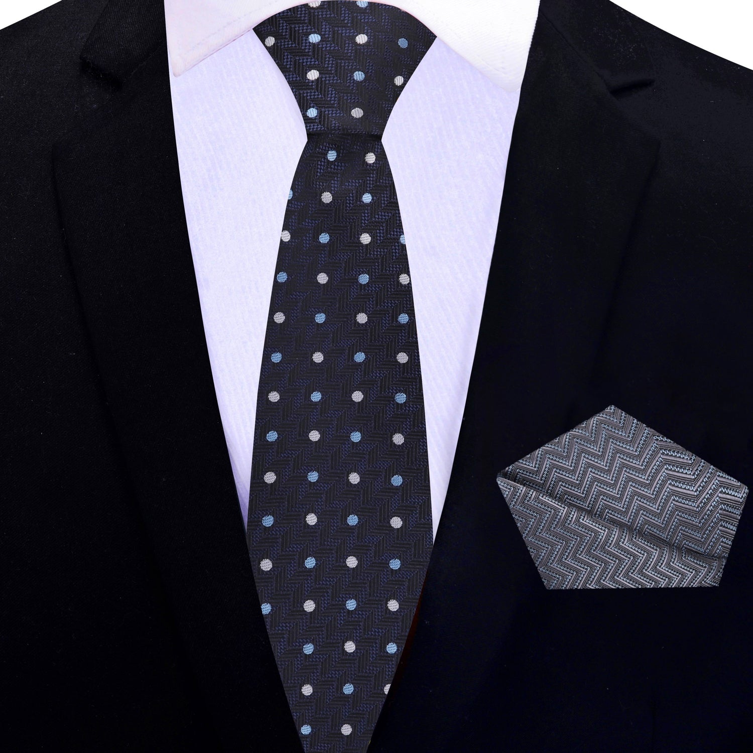 Thin Tie: Deep Blue, Grey, Light Blue Polka with Herringbone Tie and Grey, Light Blue Wavy Lines Square