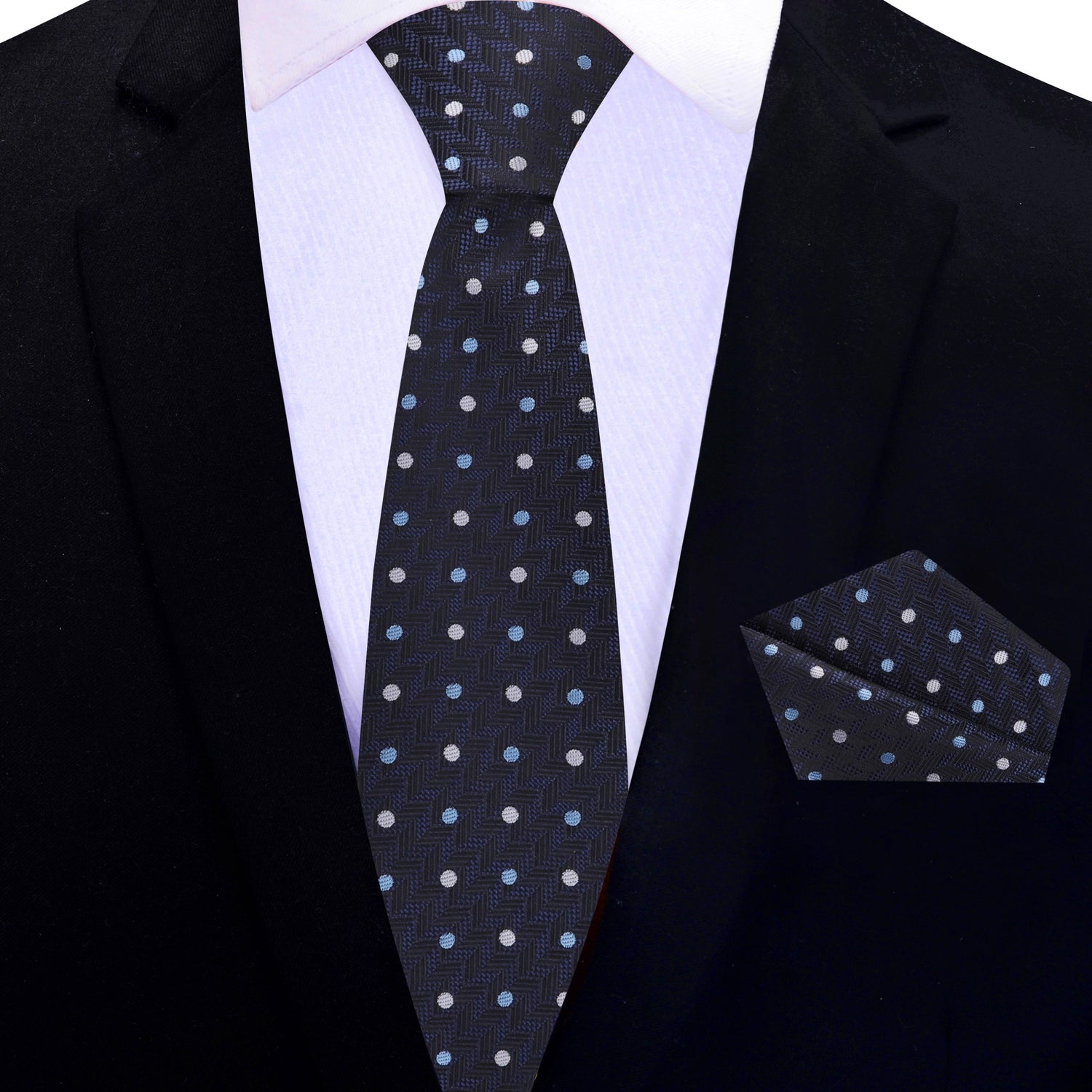 Thin Tie: Deep Blue, Grey, Light Blue Polka with Herringbone Tie and Matching Square