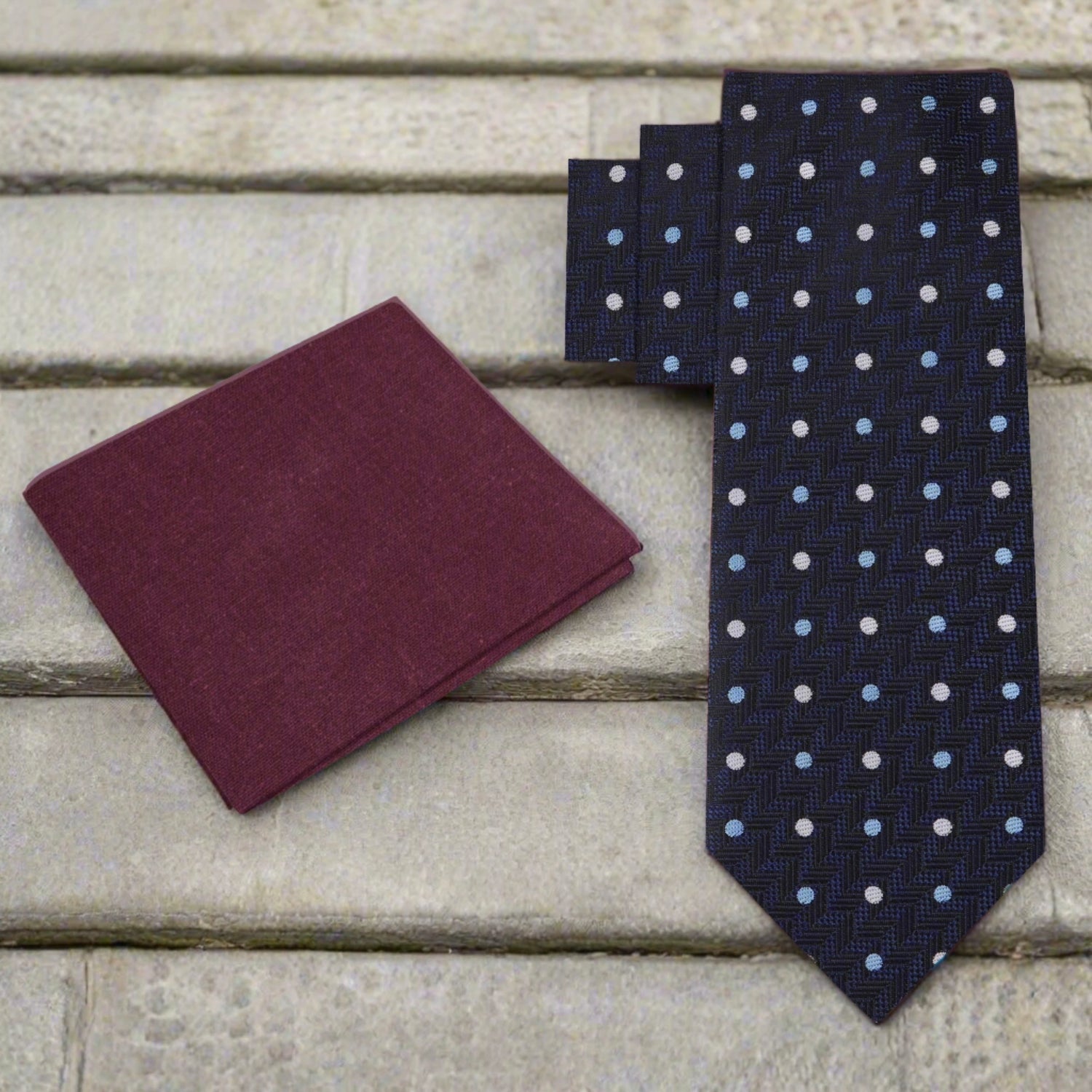 Alt View: Deep Blue, Grey, Light Blue Polka with Herringbone Tie and Deep Red Square