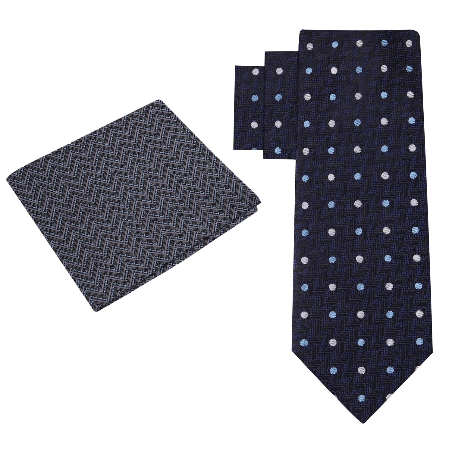 Alt View: Deep Blue, Grey, Light Blue Polka with Herringbone Tie and Grey, Light Blue Wavy Lines Square