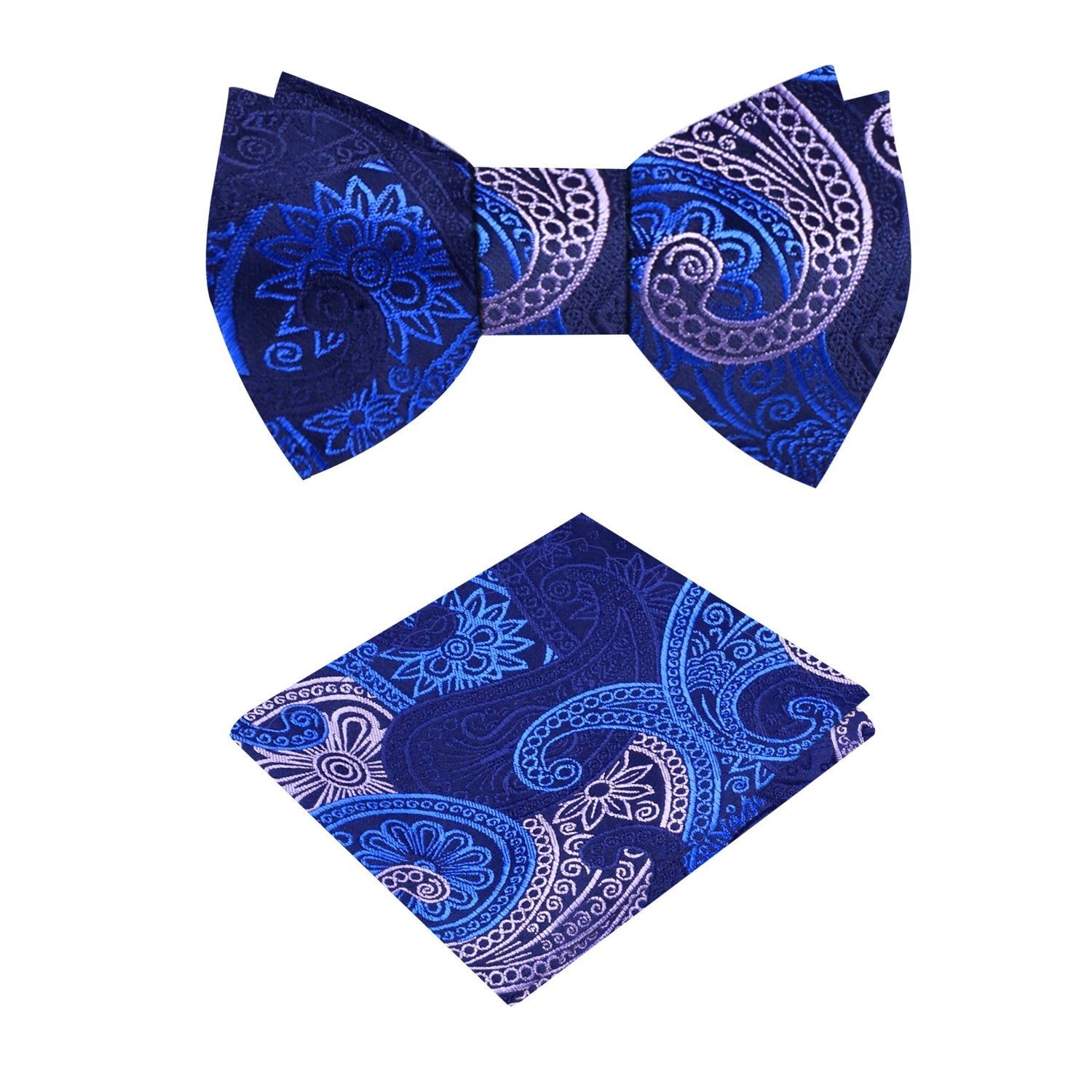 Blue White Paisley Bow Tie and Pocket Square