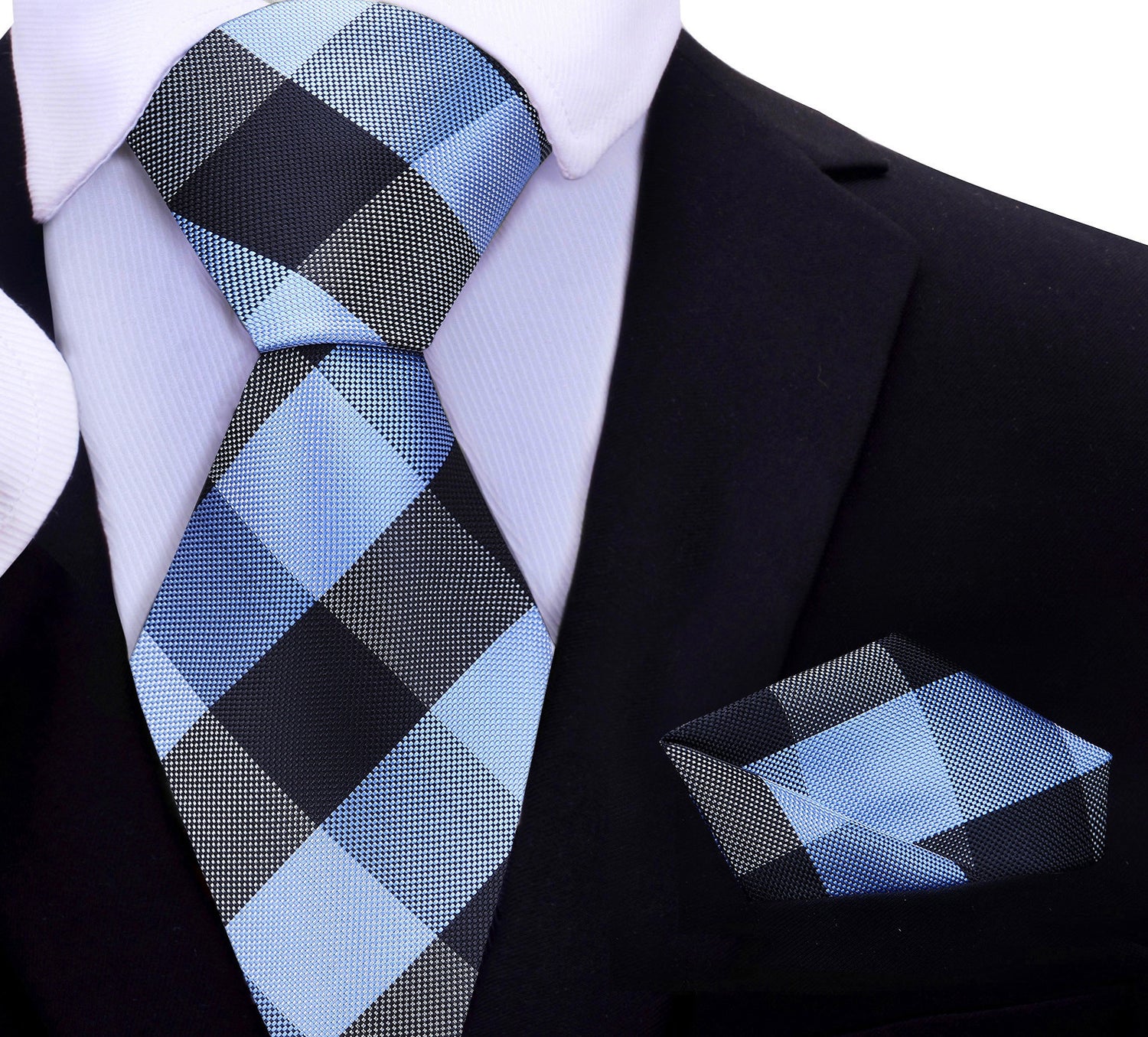 A Blue, Dark Blue Plaid Pattern Silk Necktie, Matching Pocket Square