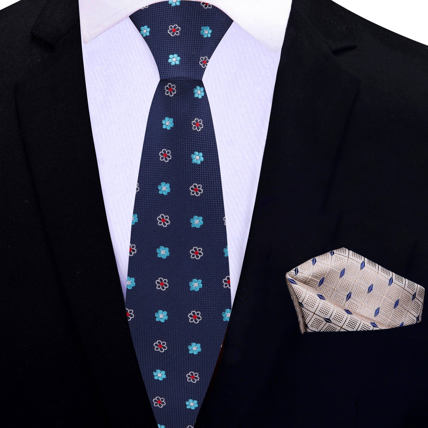 Thin Blue Floral tie and accenting Square