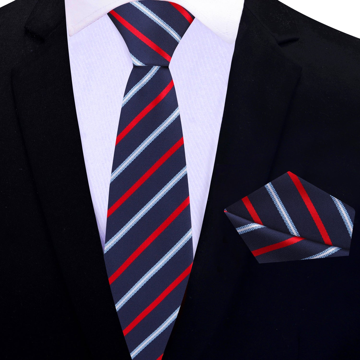 Thin Tie: Blue, Red, Light Blue Stripe Tie with Matching Pocket Square